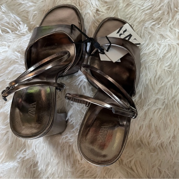Zara Strappy Platform Silver Metallic Block Heel Sandals | Size 9 | NWT - Picture 5 of 13
